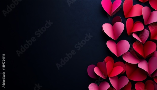 Valentines Day background with red and pink paper hearts on dark blue red hearts pink hearts dark blue background