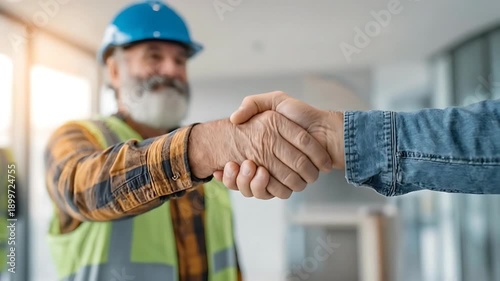 Two professionals shaking hands in a modern office building with a contractor in the background wearing a hard hat and safety vest