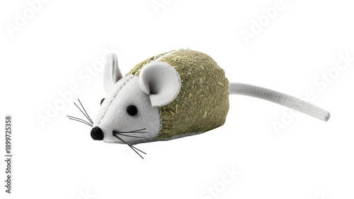 Catnip mouse toy with felt body and cat grass fur isolated on transparent background