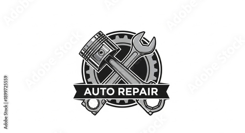 Auto Repair Emblem with Piston and Wrench.