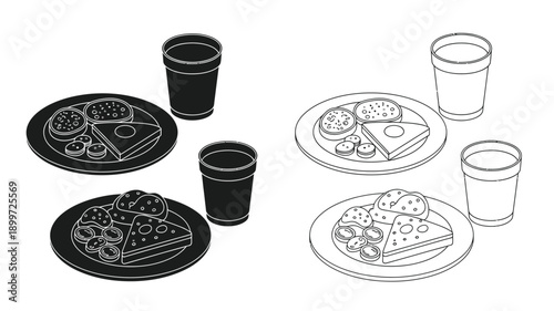Simple illustration of pizza sandwiches and drinks in black and white