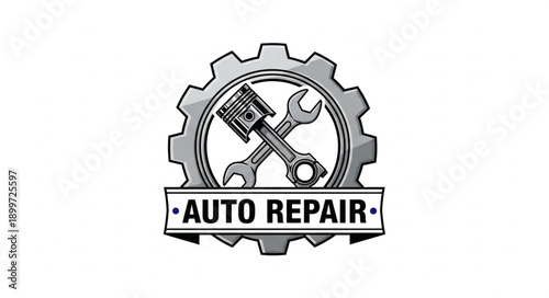 Auto Repair Emblem with Piston and Wrench.