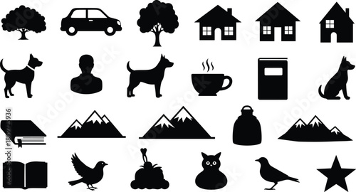 Black silhouette icon set, house car dog tree mountain book coffee cup isolated on white background collection