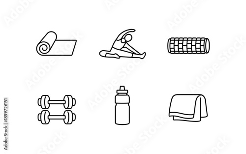 Collection of simple line art icons representing fitness and exercise equipment and activities