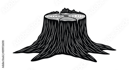 A detailed illustration of a freshly cut tree stump with visible growth rings on transparent background silhouette high quality professional modern