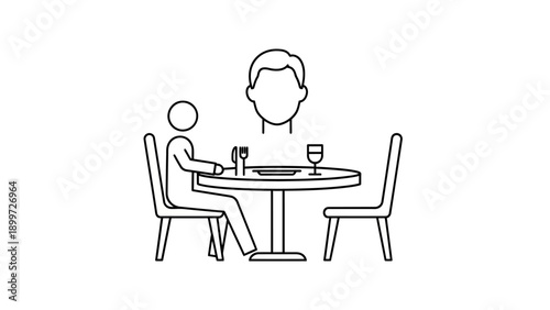 Single person dining at table with empty seat and guest icon