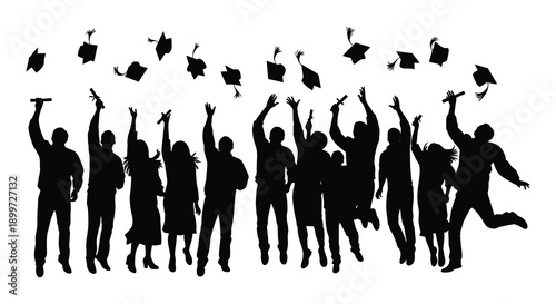 A jubilant crowd of graduates throws their caps in the air celebrating achievement on transparent background silhouette high quality professional detailed