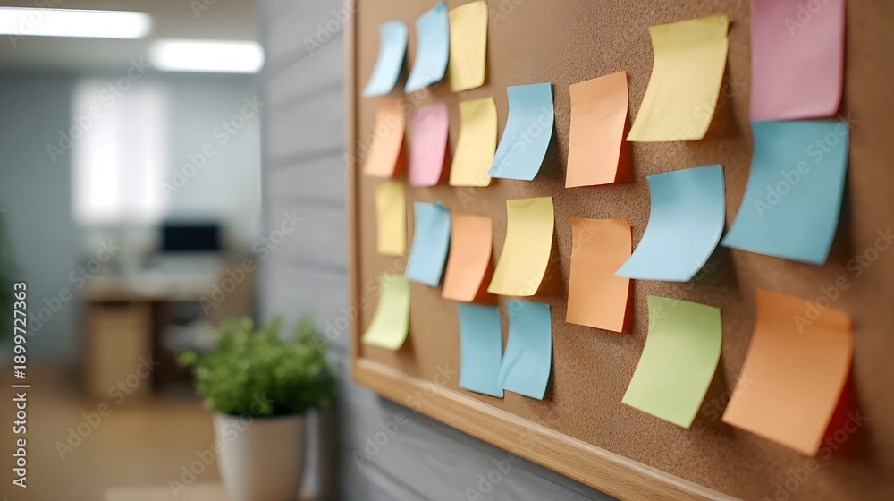 Obraz premium An office corkboard is densely covered with colorful sticky notes in yellow pink orange and blue representing ideas and planning