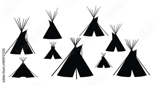A collection of stylized teepee silhouettes arranged across a blank space ideal for design projects on transparent background high quality professional