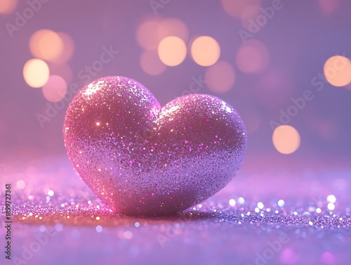 Pink glitter heart shaped on purple background with bokeh lights