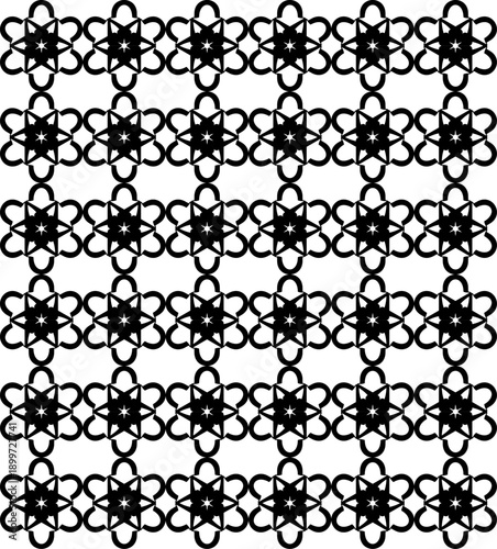 Minimalist Black Geometric Pattern Featuring Repeating Rows of Interlocking Symmetrical Floral and Atom-Like Motifs for Modern Textile and Graphic Design