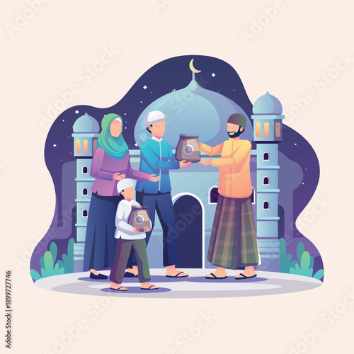 Illustrative scene of a Muslim family engaged in charitable giving, offering zakat to a recipient in front of a serene mosque, symbolizing generosity and community spirit during a holy month
