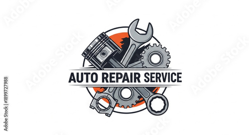 Auto Repair Service Emblem with Tools and Engine Parts.