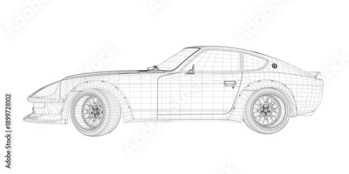 A 3D wireframe model of a classic sports car on a white background reveals its detailed engineering and iconic silhouette.