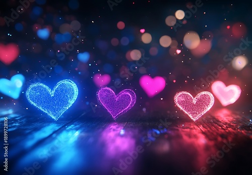Multiple glowing neon hearts in blue pink and red colors on dark background