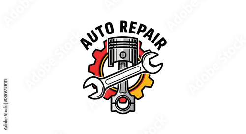 Auto Repair Service Emblem with Wrench and Piston.