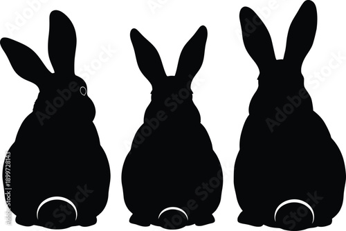 Three black rabbit silhouettes facing away on white background