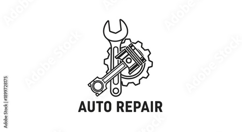 Auto Repair Service Icon with Wrench Piston and Gear.