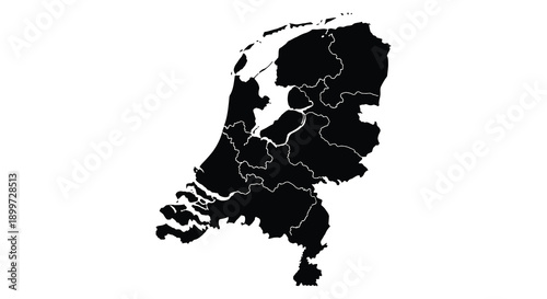 A detailed black silhouette map of the netherlands with provincial borders ideal for design projects on transparent background high quality professional