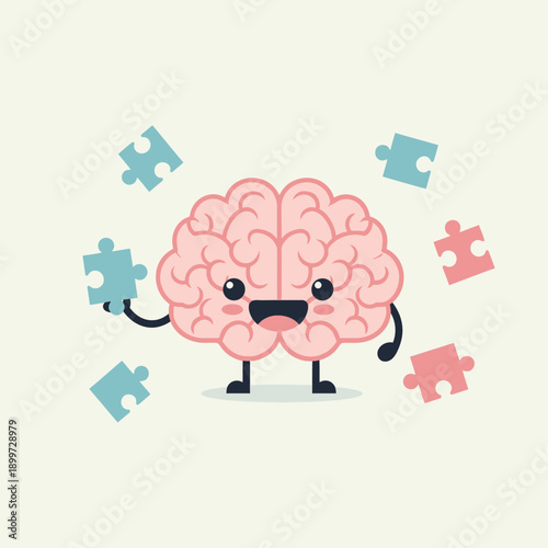 A cheerful pink brain character pieces together colorful puzzle pieces in a playful environment.