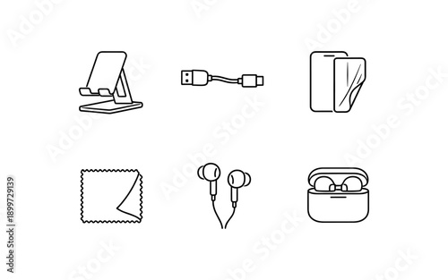 Collection of mobile phone accessories icons including stand, cable, screen protector, cloth, earbuds, and case