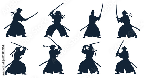 A collection of eight samurai warrior silhouettes in dynamic poses wielding katanas on transparent background high quality professional detailed modern elegant