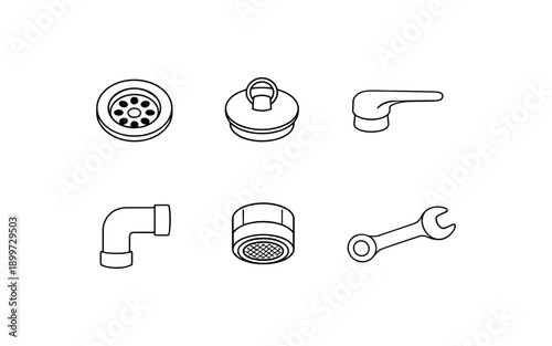 Collection of simple line art icons representing plumbing fixtures and tools