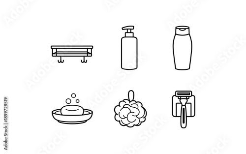 Collection of simple line art icons representing common bathroom hygiene and grooming items