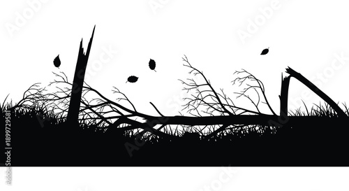 A stark black silhouette of a barren landscape with trees and falling leaves on transparent background high quality professional detailed modern
