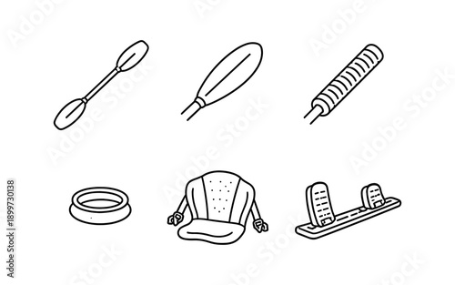 Collection of hand-drawn icons representing kayaking and water sports equipment