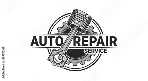 Auto Repair Service Emblem with Piston and Gears.