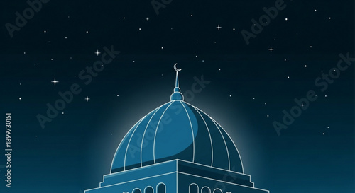 Dome Building Silhouette at Night with Stars, Vector Illustration