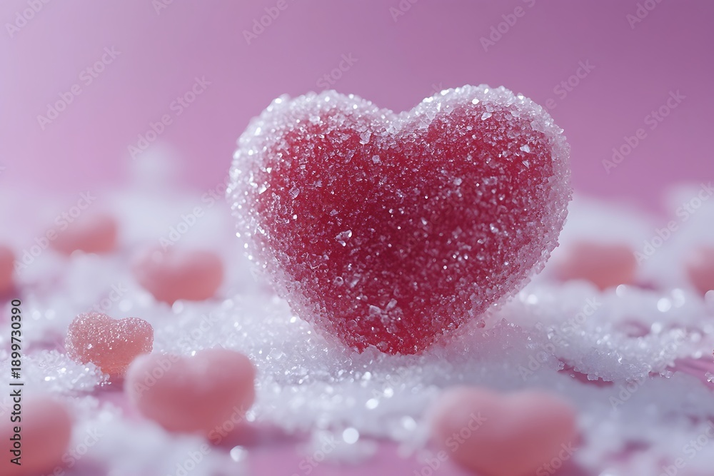 Fototapeta premium Heart shaped candy sugar crystals pink background sweets treats