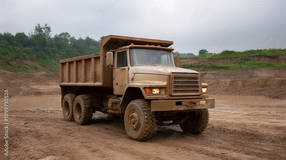 Obraz premium Mud covered heavy duty dump truck operating in a construction quarry with wet earth and overcast sky