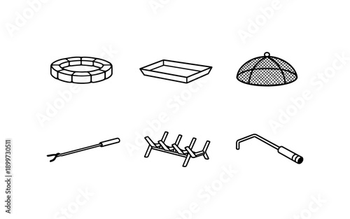 Collection of barbecue and fireplace accessories in a simple line art style