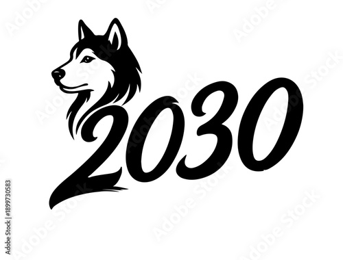 Stylized head of a dog with the image of the year 2030 according to the zodiac sign.