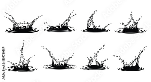 A collection of dynamic water splash silhouettes presented in varying forms and sizes on transparent background high quality professional detailed modern