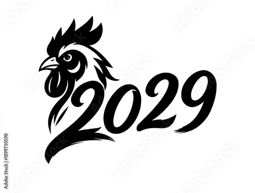 Stylized head of a rooster with the image of the year 2029 according to the zodiac sign.