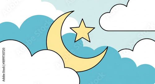 Yellow Crescent Moon with Star among White Clouds in Blue Sky
