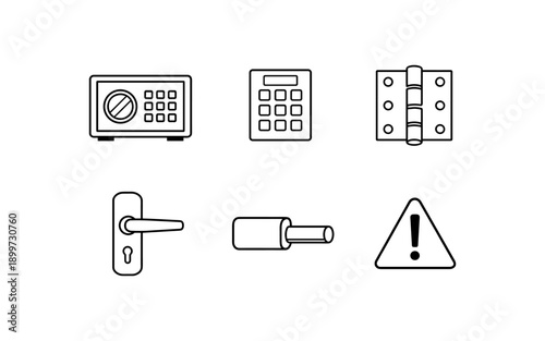 Collection of security and hardware icons including a safe, keypad, hinge, door handle, and warning sign