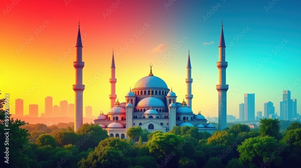 Fototapeta premium Vibrant abstract sky over a majestic mosque and cityscape
