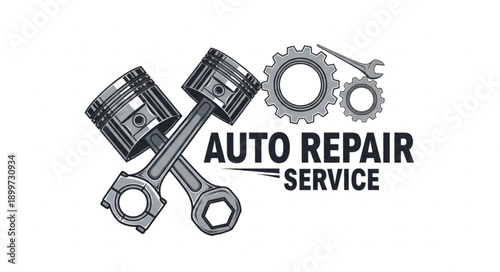 Auto Repair Service Emblem with Pistons and Gears.