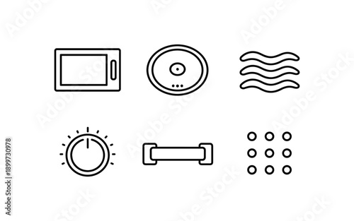 Set of six simple line icons representing kitchen appliances and controls