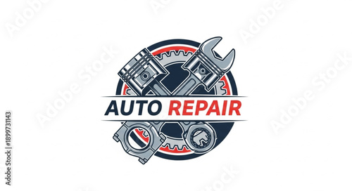 Auto Repair Service Emblem with Pistons and Wrench.