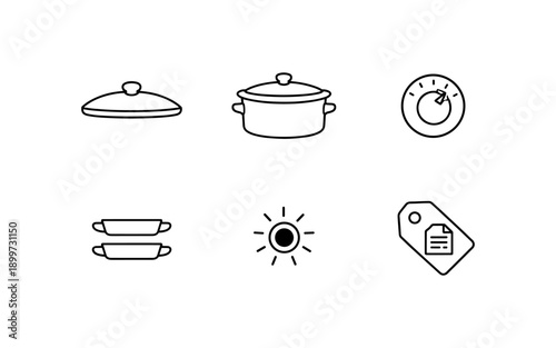 Collection of simple line art icons representing cooking and food-related concepts