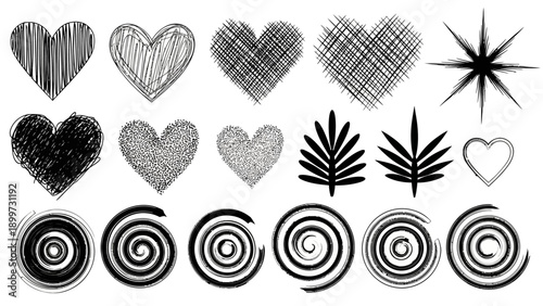 A versatile collection of hand-drawn sketch elements featuring textured hearts, swirling spirals, a radiant star, and organic leaves, perfect for creative graphic design projects