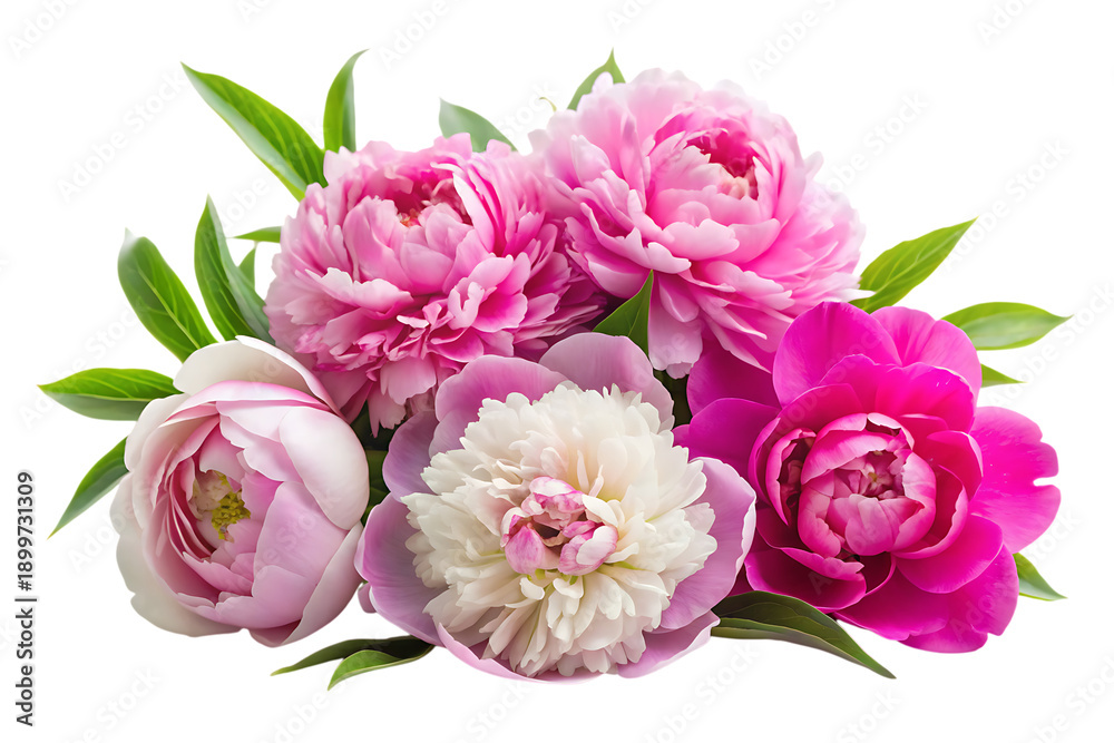 Obraz premium Pink and white peonies with green leaves on black background