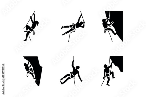 A group of people rock climbing in various poses and positions.