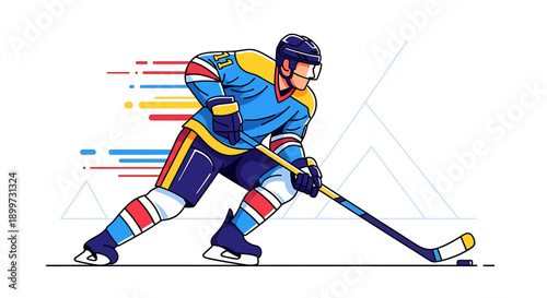 Dynamic illustration of an ice hockey player in full action, energetically skating across the rink with a stick and puck, capturing the speed and intensity of the game in a vibrant vector style
