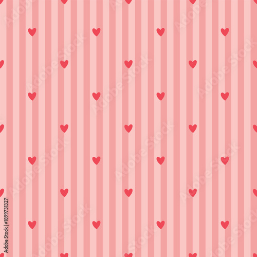 Hand drawn heart seamless pattern on pink striped background. Cute doodle love wallpaper for valentine design.